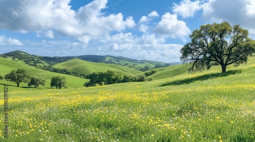 Green hills rolling under a bright spring sky, with trees just beginning to bloom and wildflowers scattered throughout photo