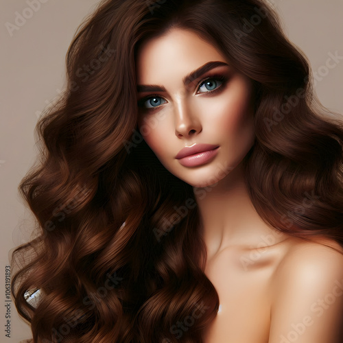 A portrait vector illustration of a woman with voluminous, long, wavy brunette hair, styled with a natural, flowing look and enhanced with catch lights for a soft glow. Her makeup is subtle,