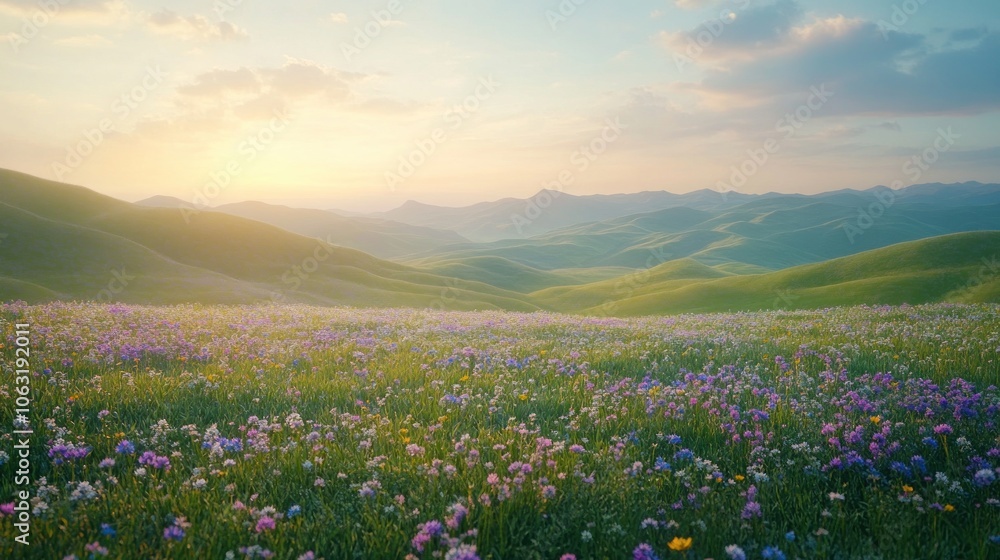 Obraz premium Green rolling hills dotted with wildflowers under a pastel-colored spring sky with soft clouds