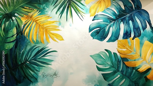 Hand-painted leaf lines overlapping in a balanced way, using bright and fresh tones to create a refreshing atmosphere