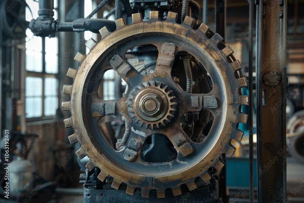 Close up of a large rusty gear, showcasing the intricate details and craftsmanship of a bygone era