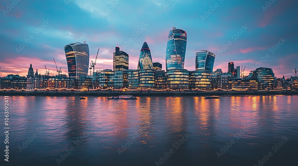 Obraz premium A beautiful sunset over the London skyline, with the River Thames reflecting the colors of the sky.