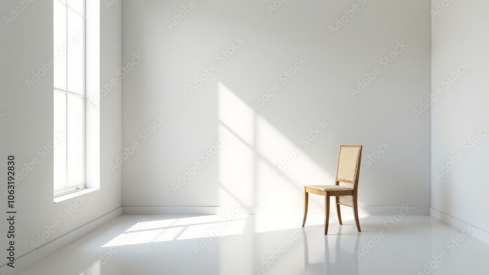 Fototapeta premium Lonely Chair in a Minimalist White Room with Natural Light
