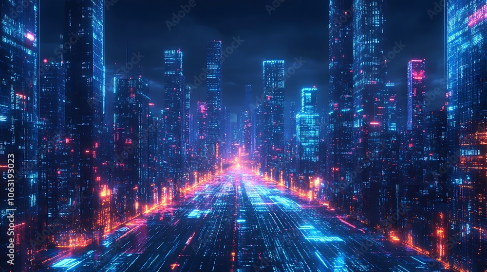 Digital cityscape with glowing lines and data background, Digital cityscape hologram background Digital cityscape with glowing lines and data background, Digital cityscape hologram background