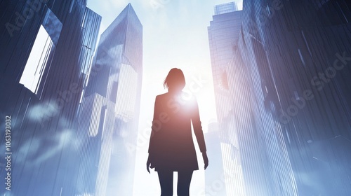 A silhouette of a person stands amidst towering skyscrapers, bathed in bright light, symbolizing ambition and urban life.