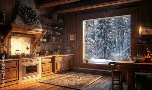 Wallpaper Mural Cozy wooden kitchen with snowy forest view. Torontodigital.ca