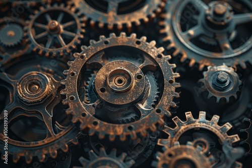 Close up view of interlocking industrial gears forming an intricate mechanism, showcasing the beauty of engineering and mechanics