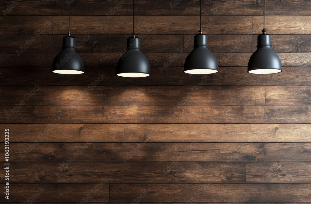 Obraz premium Elegant black pendant lights against a rustic wooden wall background