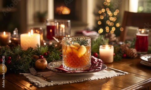 Cozy Christmas table setting with drinks and candles.