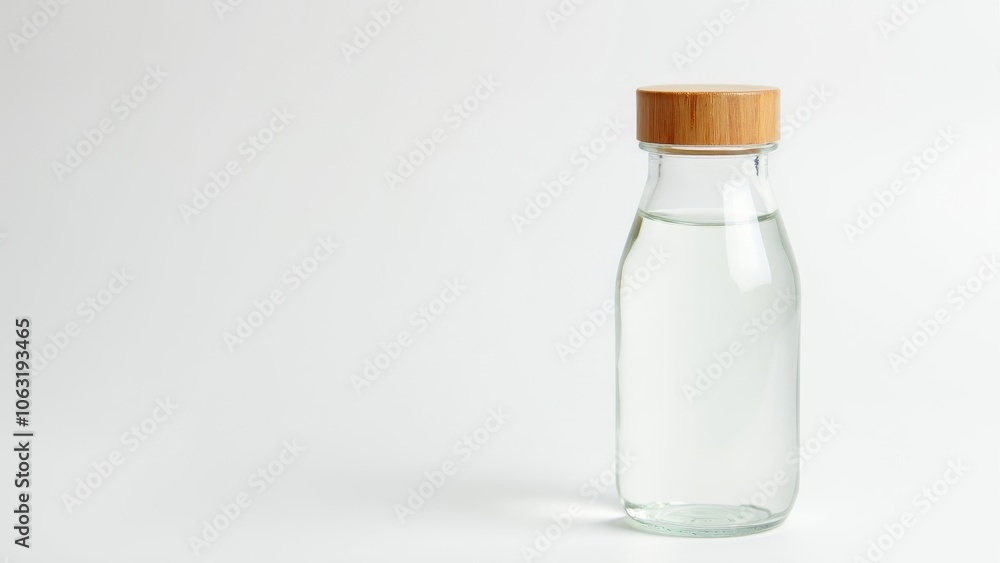 Elegant Minimalist Glass Water Bottle with Bamboo Lid on White Background Elegant Minimalist Glass Water Bottle with Bamboo Lid on White Background