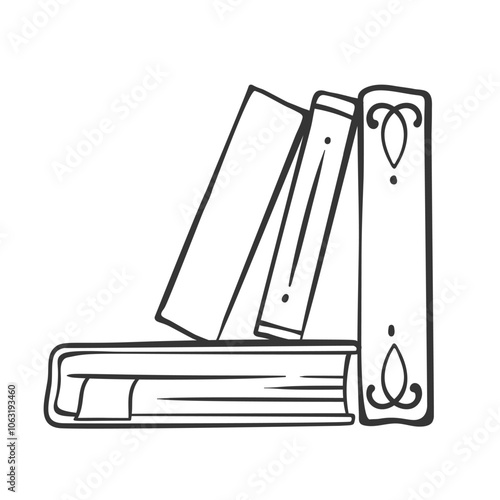 Stack of books with bookmark on library shelf line icon. Outline hand drawn vintage bookshelf antique literature. Education mascot, simple books with flourish on spine icon vector illustration