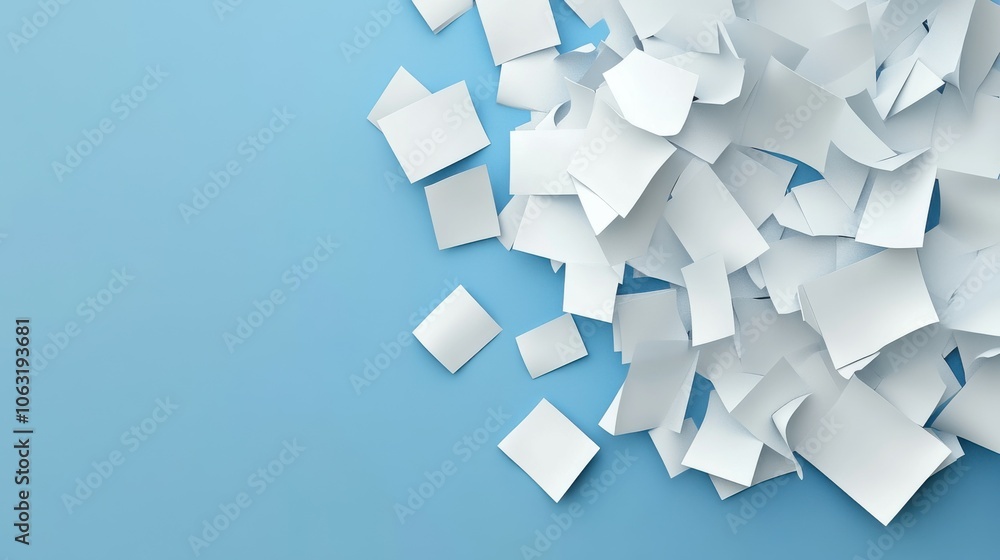Obraz premium 3d blue background with white paper sheets falling down. Scatter blank pages,