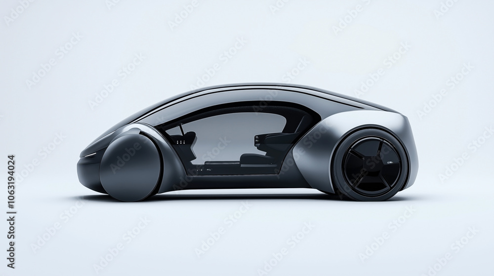 Futuristic autonomous concept vehicle with sleek design and transparent windows, showcasing modern technology and innovation in automotive design on a white background. Futuristic autonomous concept vehicle with sleek design and transparent windows, showcasing modern technology and innovation in automotive design on a white background.