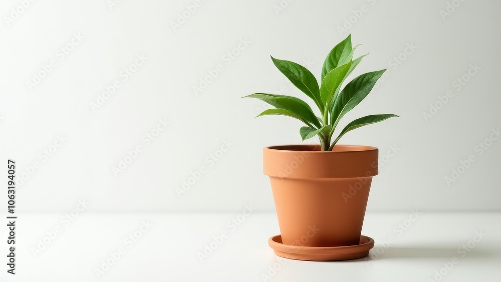 Simple Clay Flowerpot with Fresh Green Plant on White Surface Simple Clay Flowerpot with Fresh Green Plant on White Surface