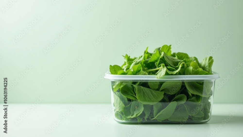 Lush Green Leafy Vegetables in a Glass Storage Container Lush Green Leafy Vegetables in a Glass Storage Container