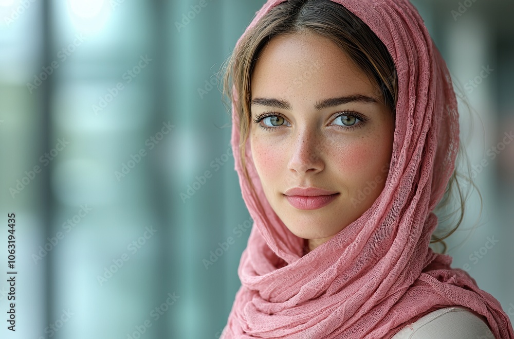 Young woman with gentle smile wearing pink headscarf, looking into the camera with soft natural lighting Generative AI Young woman with gentle smile wearing pink headscarf, looking into the camera with soft natural lighting Generative AI