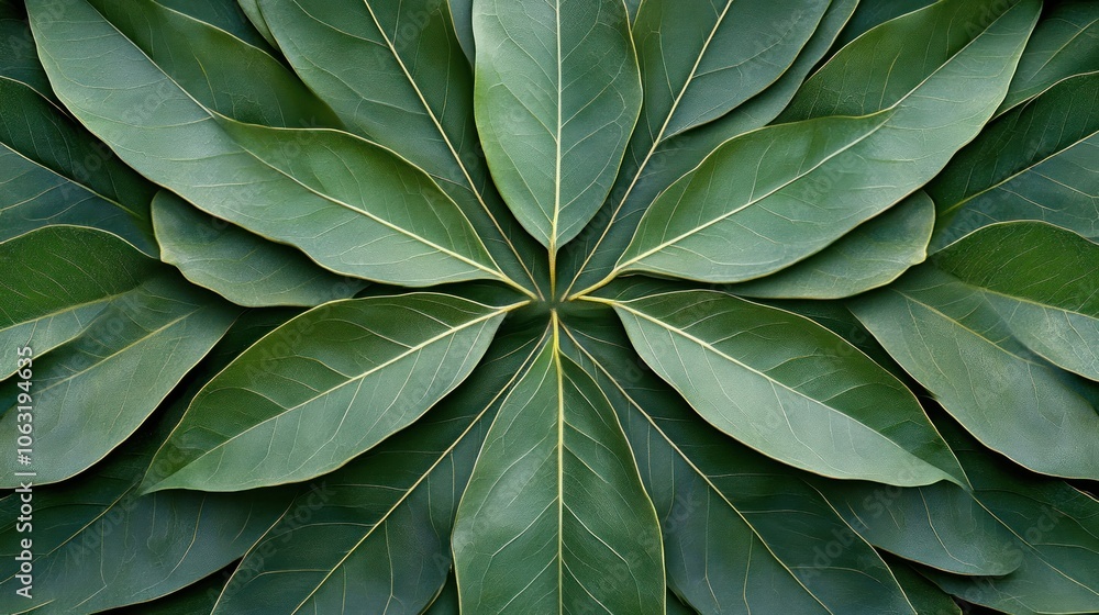 Fototapeta premium Long leaves arranged in a symmetrical pattern. The background is simple but has a natural dimension.