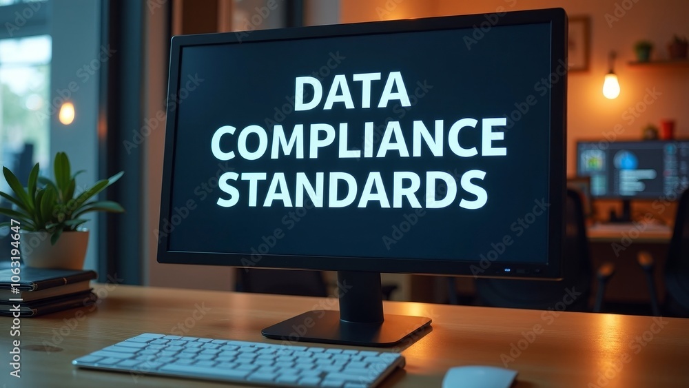 Modern Office Scene Featuring Data Compliance Standards on a Monitor Modern Office Scene Featuring Data Compliance Standards on a Monitor