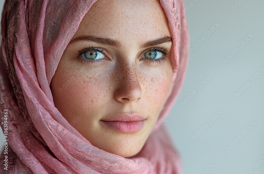 Young woman in pink headscarf with calm expression and soft natural lighting Generative AI Young woman in pink headscarf with calm expression and soft natural lighting Generative AI