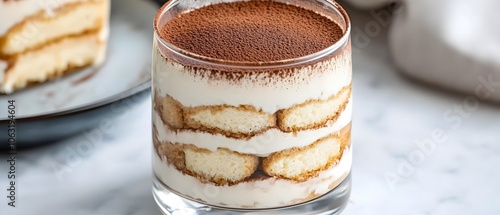 Elegant glass filled with delicious layers of rich and creamy tiramisu dusted with a light coating of cocoa powder for a sophisticated and indulgent dessert presentation photo