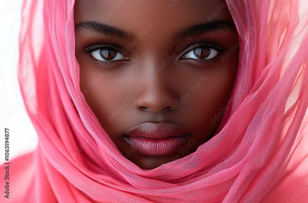 Young woman with intense gaze wrapped in vibrant pink fabric veil against light background Generative AI Young woman with intense gaze wrapped in vibrant pink fabric veil against light background Generative AI