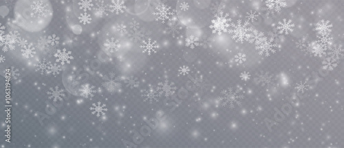 Winter background, Christmas snowflakes on a transparent background. Snow flakes, snow background. Heavy snowfall, snowflakes in different shapes and forms. 