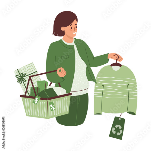 Shopping. Eco friendly clothing sustainable fashion. Happy woman with shopping cart buying recycling textile, fashionable sweater. Vector illustration. Female shopper. Recycle and environmental care