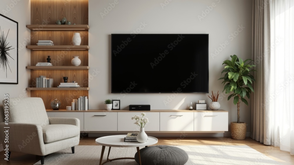 Inviting Media Room with Organized Decor and Ample Copyspace Inviting Media Room with Organized Decor and Ample Copyspace