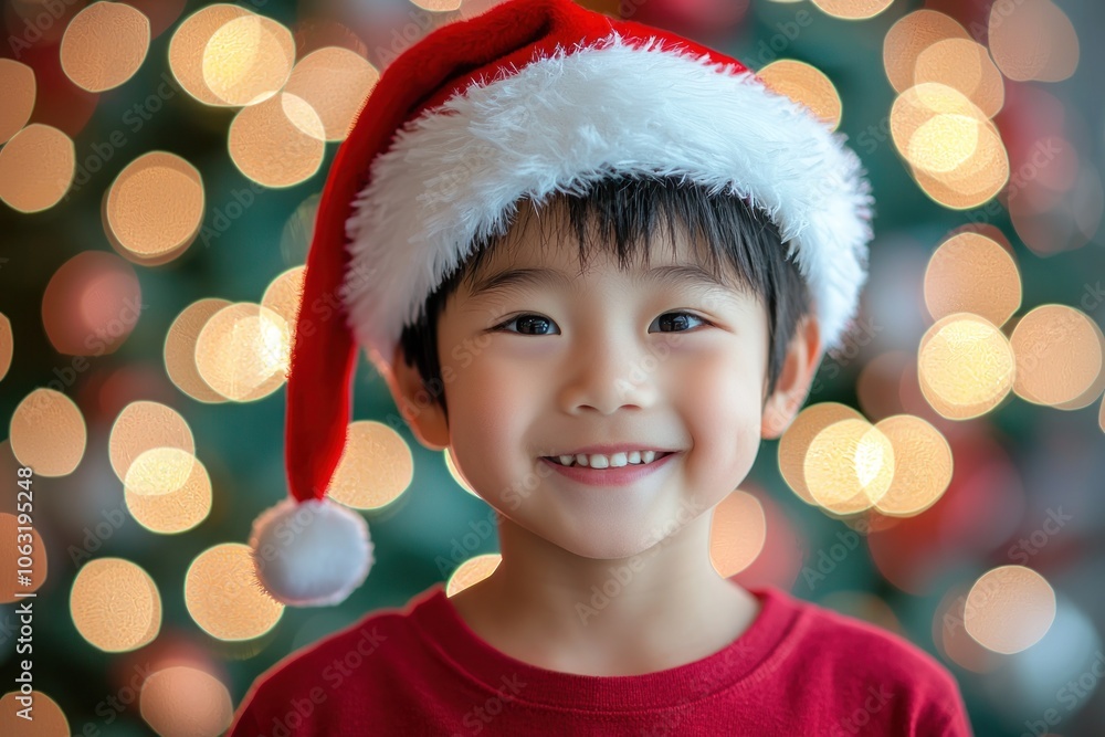Smiling child in Santa hat with festive Christmas lights Generative AI Smiling child in Santa hat with festive Christmas lights Generative AI
