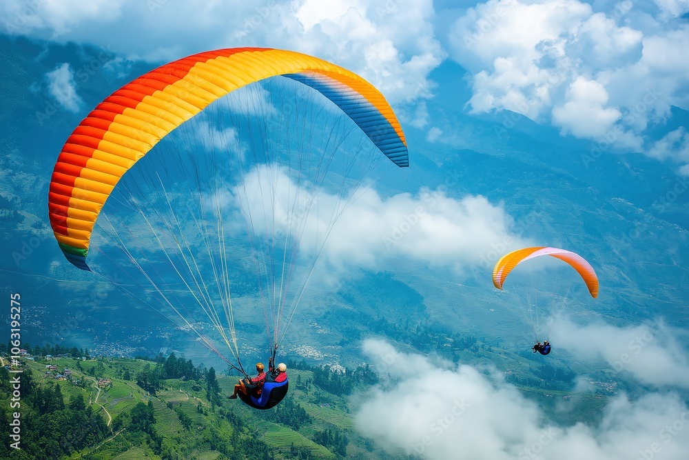 Paragliders soar joyfully above a serene valley in summer Paragliders soar joyfully above a serene valley in summer