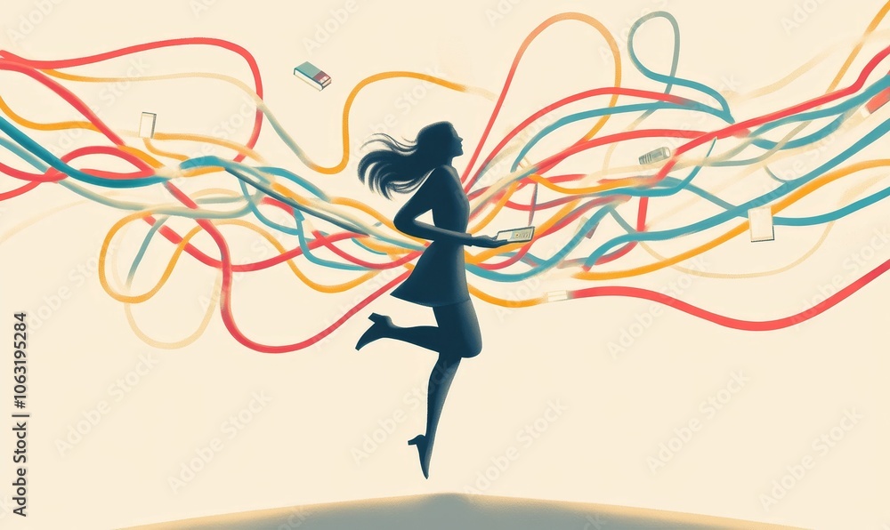 Silhouette woman running through colorful lines. Silhouette woman running through colorful lines.