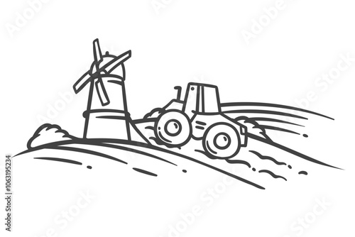 Farm field landscape with tractor and windmill line icon. Outline hand drawn vintage wind mill and machinery on ranch. Farm, agricultural equipment mascot, countryside scene icon vector illustration