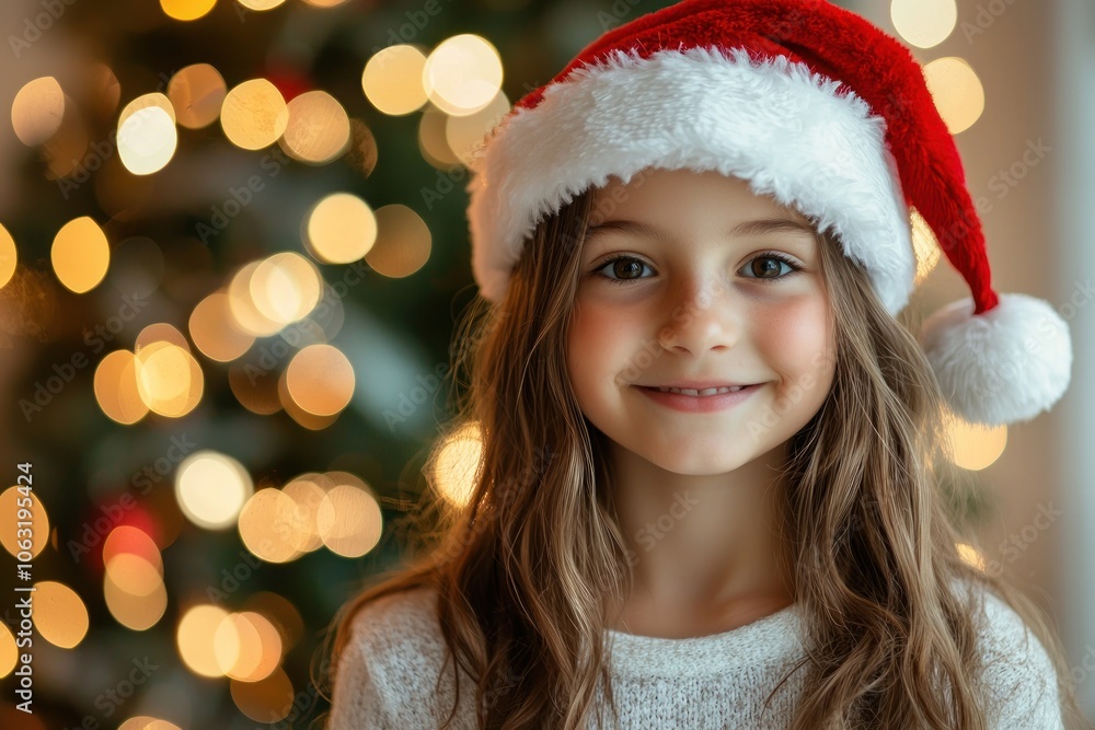 Smiling girl in Santa hat with Christmas tree lights Generative AI Smiling girl in Santa hat with Christmas tree lights Generative AI