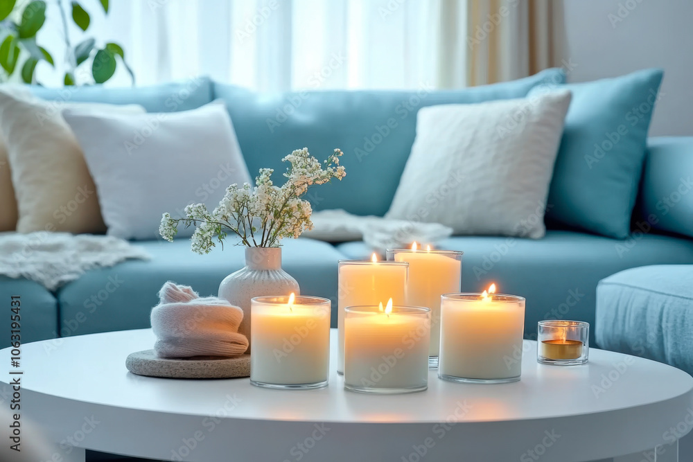 Close up of candles on white coffee table near blue sofa. Scandinavian living room Close up of candles on white coffee table near blue sofa. Scandinavian living room