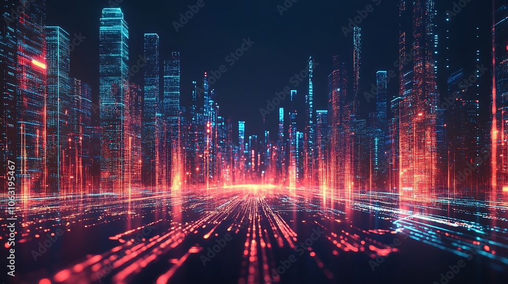 Digital cityscape with glowing lines and data background, Digital cityscape hologram background Digital cityscape with glowing lines and data background, Digital cityscape hologram background