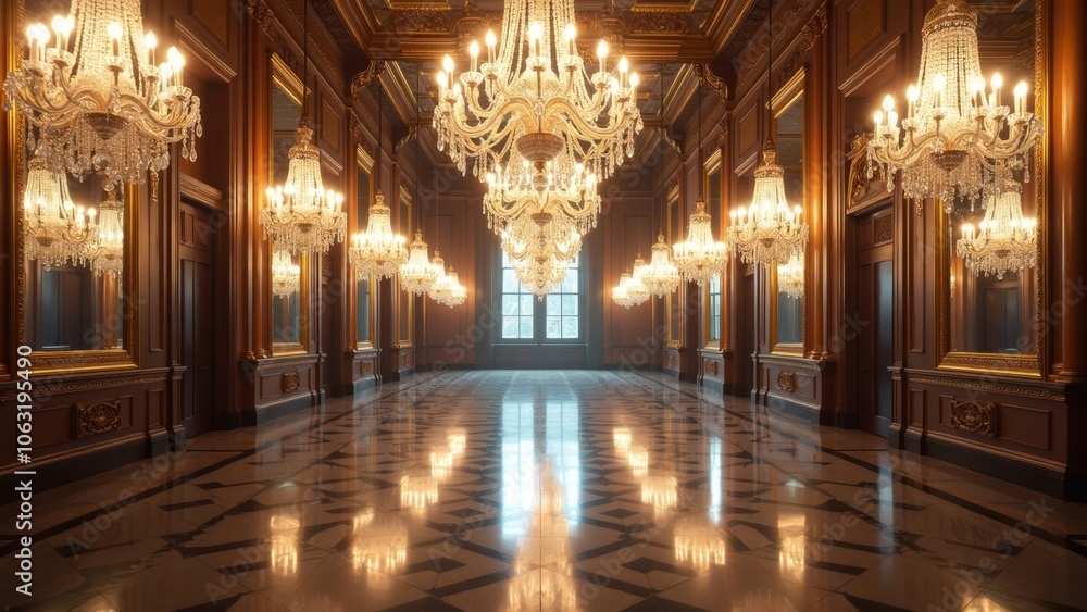 Opulent Ballroom Reflecting Crystal Chandeliers in Polished Mirrors Opulent Ballroom Reflecting Crystal Chandeliers in Polished Mirrors