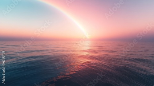 Misty rainbow over a tranquil ocean at sunrise, with soft colors in the sky blending into the water