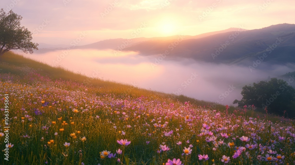 Morning fog gently blanketing a hillside covered in spring wildflowers, with soft light breaking through the mist Morning fog gently blanketing a hillside covered in spring wildflowers, with soft light breaking through the mist