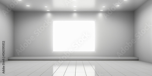 Wallpaper Mural A minimalist white room featuring a large bright light source with a glossy, reflective floor and simple decor. Torontodigital.ca