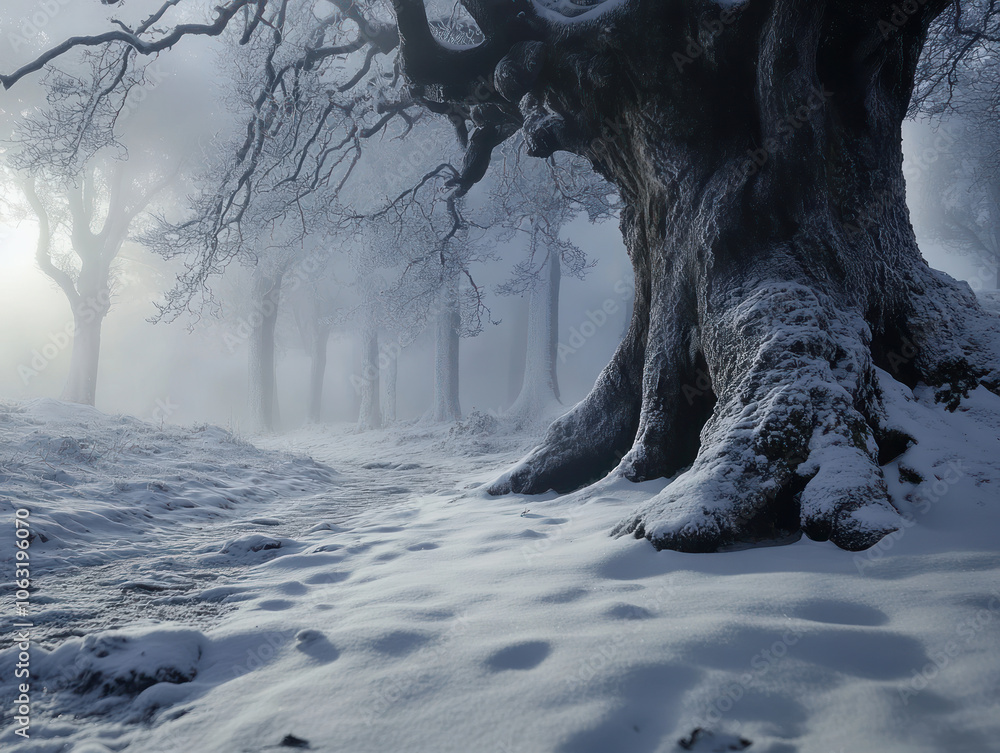 A majestic ancient tree stands prominently in a snow-blanketed landscape, surrounded by a misty, serene forest. The fog adds a mystical touch to the winter morning. A majestic ancient tree stands prominently in a snow-blanketed landscape, surrounded by a misty, serene forest. The fog adds a mystical touch to the winter morning.