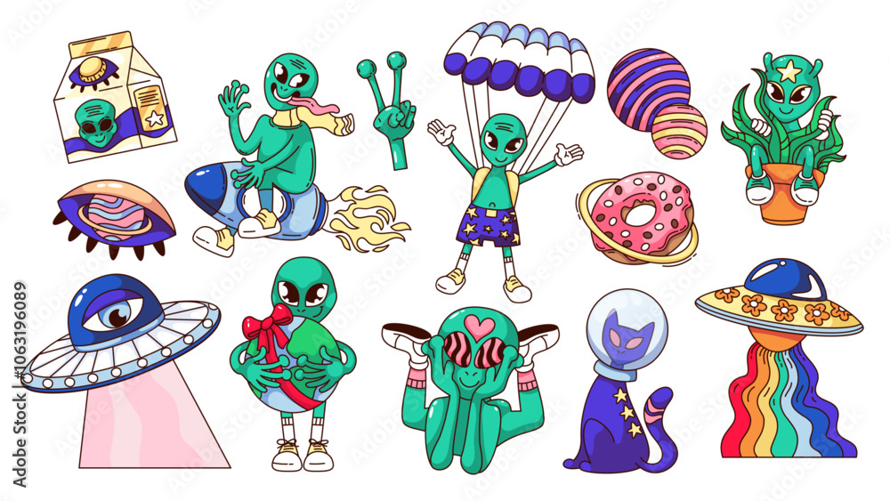 Fototapeta premium Groovy cartoon alien characters and trippy stickers set. Funny retro monster and UFO, cat in helmet, psychedelic eye. Space mascot, cartoon alien collection of 70s 80s style vector illustration