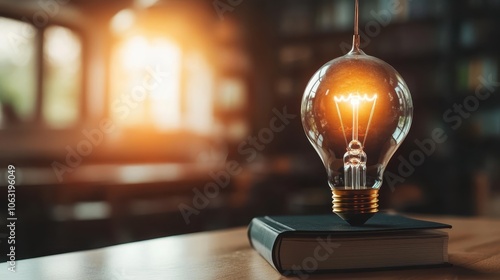 A light bulb glows above a closed book on a library table, symbolizing the potential for ideas and knowledge to illuminate the intellect and inspire future discovery. photo