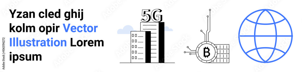 Building with 5G sign, circuit board with Bitcoin symbol, globe. Ideal for telecommunications, cryptocurrency, blockchain, internet, digital technology, global connectivity, and tech industry Building with 5G sign, circuit board with Bitcoin symbol, globe. Ideal for telecommunications, cryptocurrency, blockchain, internet, digital technology, global connectivity, and tech industry