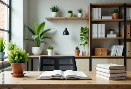 Wallpaper Mural A wooden desk that has a book placed on it along with potted plants Torontodigital.ca