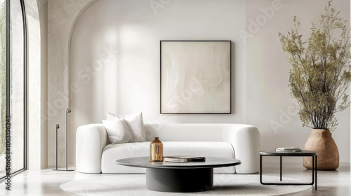 Japandi and minimalist living room with white sofa and art frame