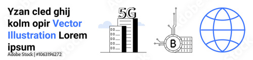 Building with 5G sign, circuit board with Bitcoin symbol, globe. Ideal for telecommunications, cryptocurrency, blockchain, internet, digital technology, global connectivity, and tech industry