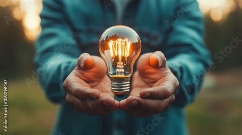 A vibrant photograph capturing hands holding a glowing light bulb against a natural background, symbolizing ideas, creativity, and eco-friendly solutions outdoors. photo