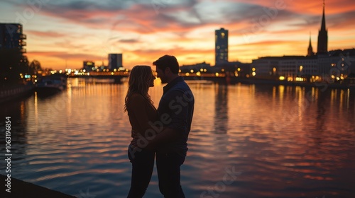 Young couple sharing a tender moment by a city river at sunset, with shimmering reflections of city lights on the water, capturing urban romance and warmth.