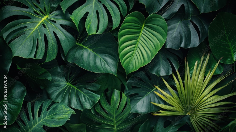 Overlapping tropical leaves in dark green tones, emphasizing the naturalness and tropical atmosphere. Overlapping tropical leaves in dark green tones, emphasizing the naturalness and tropical atmosphere.