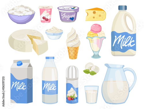 Milk and yogurt set. Dairy product bottle, cheese and cream, fresh butter and yoghurt in cup or glass. Gourmet farm dessert with sour cream. Healthy nutrition food. Vector icon isolated set
